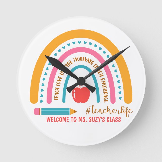 #Teacherlife Rainbow Personalisierte Klasse Runde Wanduhr (Vorderseite)