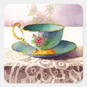 Teacup 0001 auf Spitze-Aufklebern Quadratischer Aufkleber