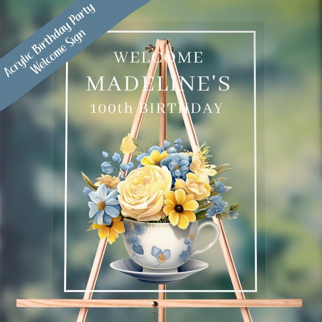 Teacup bleu Dusty Fleurs jaunes (Acrylic blue teacup and yellow flowers birthday party welcome sign)