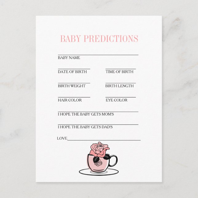 Teacup & Blume Kinderdusche Baby Predication Game Ankündigungspostkarte (Vorderseite)