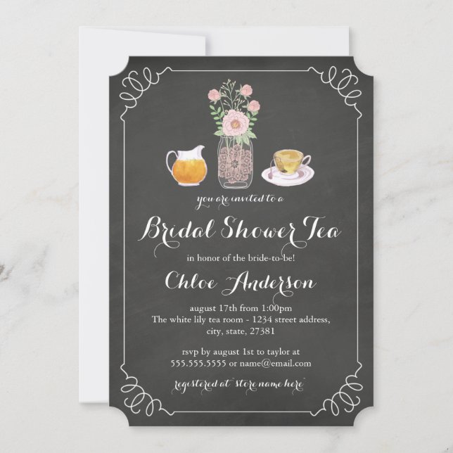 Teacup Chalkboard Brautparty Tee Party Einladung (Vorderseite)