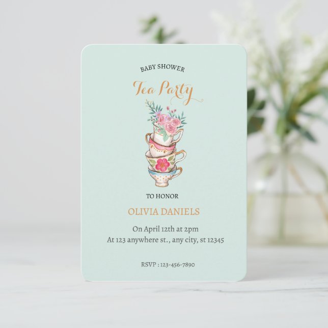 Teacup Floral Baby Dusche Tee Party Einladung (Stehend Vorderseite)