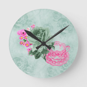 Teacup&Flowers Vintages vert&rose Horloge ronde