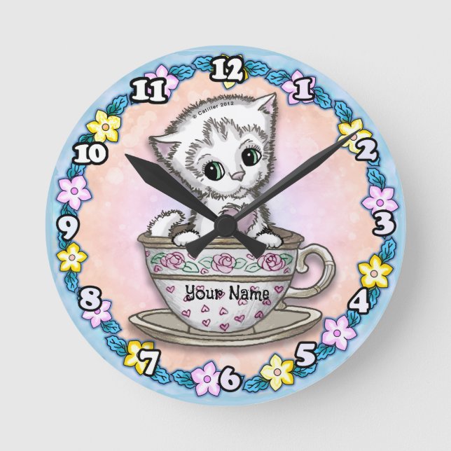 Teacup Kitten Cat Runde Wanduhr (Vorderseite)