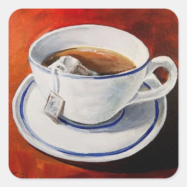 Teacup mit Teabag-Aufkleber Quadratischer Aufkleber (Vorderseite)