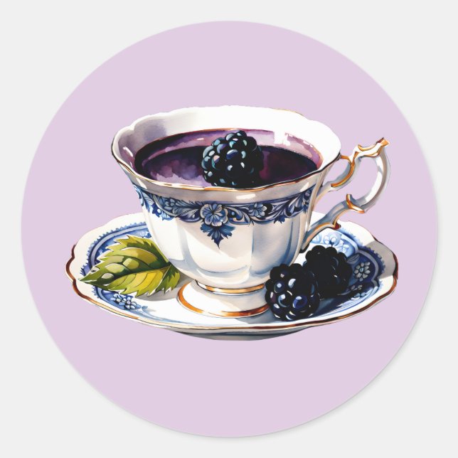 Teacup Pastel Elegance BlackBerry & Blooms Runder Aufkleber (Vorderseite)
