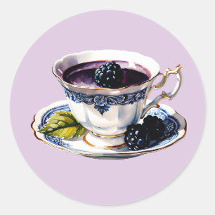 Teacup Pastel Elegance BlackBerry & Blooms Runder Aufkleber