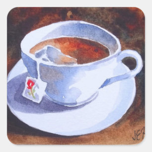 Teacup u. Saucer mit Teebeutel Quadratischer Aufkleber