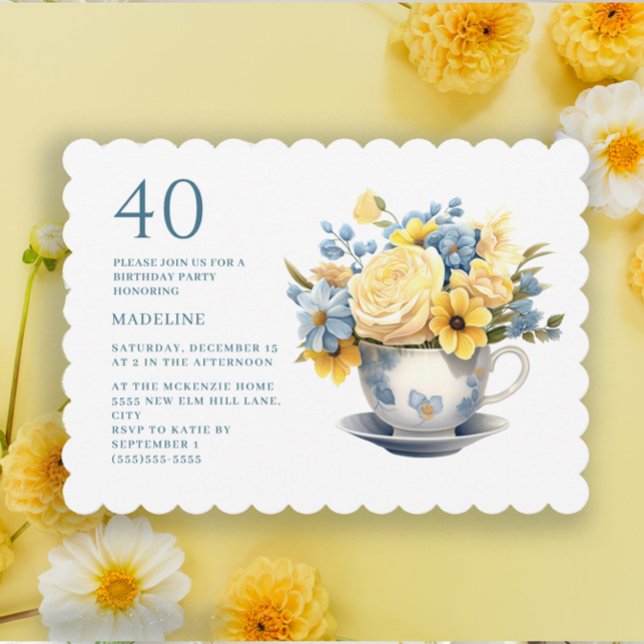 Teacup Yellow Blue Blumen 40. Geburtstag Einladung (Yellow and dusty blue watercolor flowers in teacup 40th birthday party invitation)