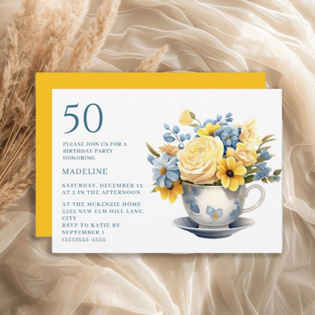Teacup Yellow Blue Blumen 50. Geburtstag Einladung (Blue teacup and yellow flowers 50th birthday invitation)