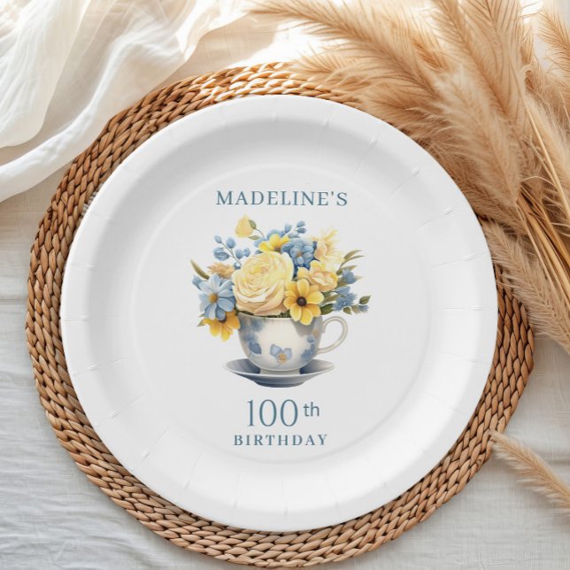 Teacup Yellow Blue Flowers 100. Geburtstag Pappteller (Blue teacup and yellow floral 100th birthday party paper plate)