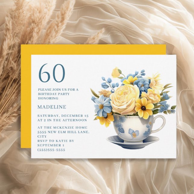 Teacup Yellow Blue Flowers 60. Geburtstag Einladung (Blue teacup and yellow flowers 60th birthday party invitation)