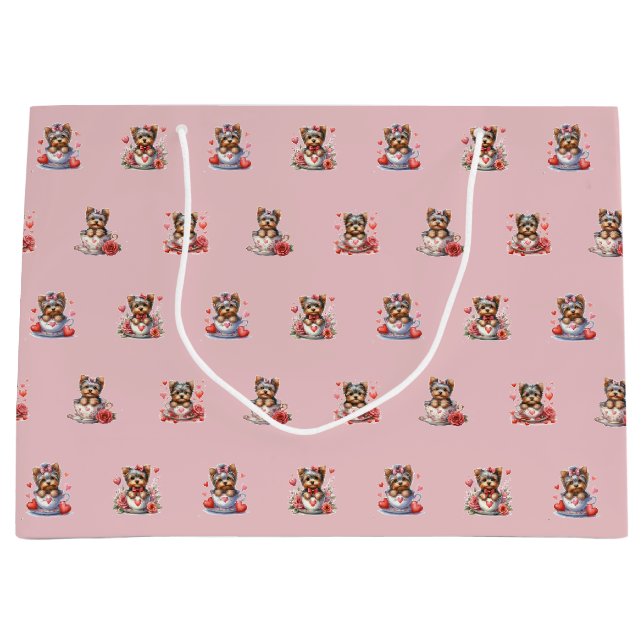Teacup Yorkie Valentine's Day - Rosa Große Geschenktüte (Vorderseite)