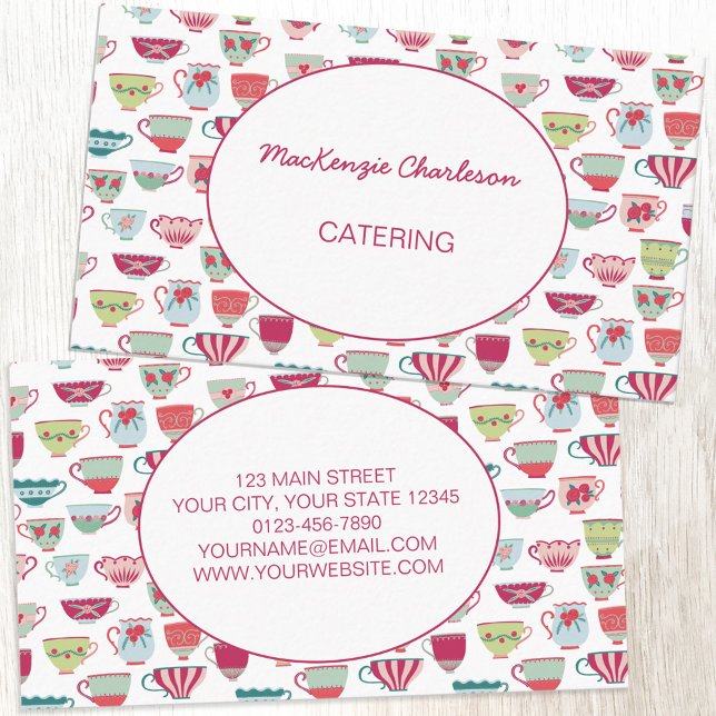 Teacups Moderner Catering Visitenkarte (Retro tea cup pattern catering cafe bakery custom business card)