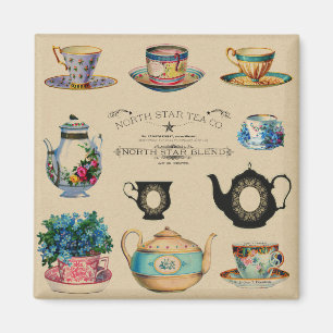 Teacups Vintag Retro Teapot Werbung Floral. Magnet