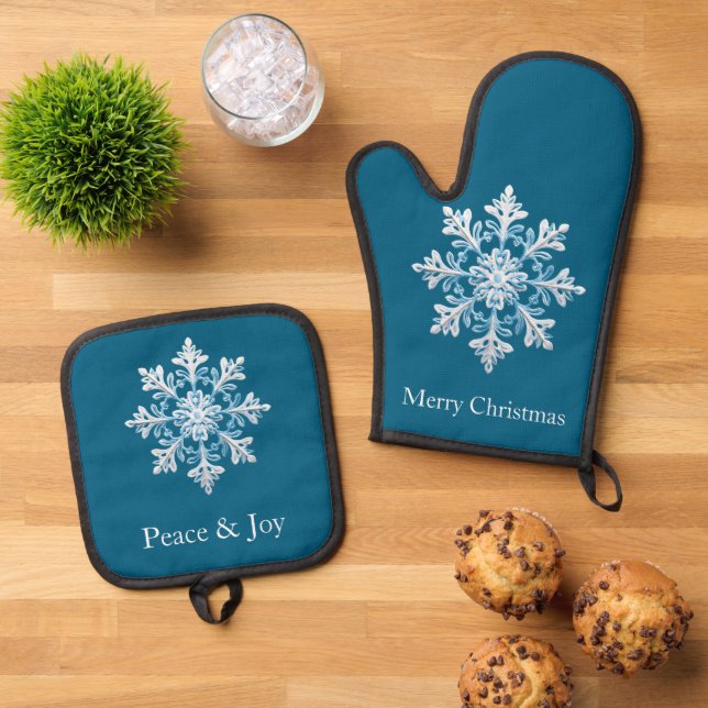 Teak White Light Blue Christmas Snowflake Ofenhandschuh & Topflappen-Set (Oben Unten)