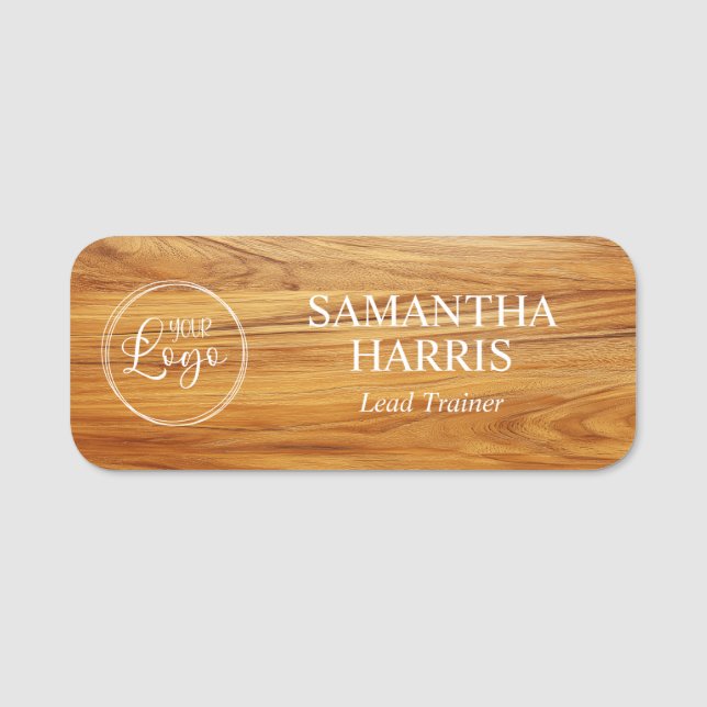 Teak Wood Image Logo White Text Namensschild (Vorderseite)