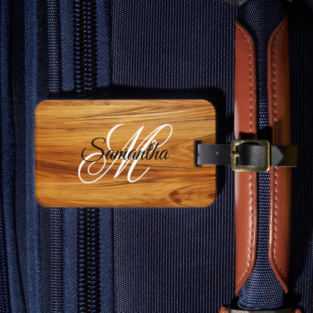 Teakholz-Bild mit elegantem Monogramm Gepäckanhänger (Vorderseite Insitu 4)