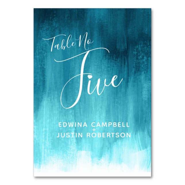 Teal abstract wash modern art table number five tischnummer (Vorderseite)