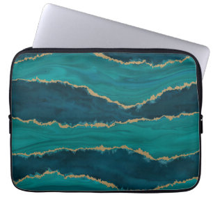 Teal-Achat-Wellen – Abstrakter Marmor mit Gold Laptopschutzhülle