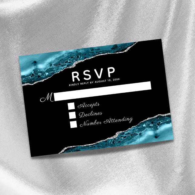 Teal Agate Silver Wedding RSVP Karte (Von Creator hochgeladen)