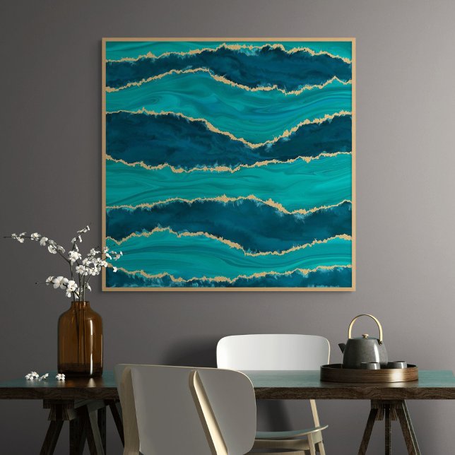 Teal Agate Waves – Abstract Marble with Gold Leinwanddruck (Teal Agate Waves – Abstract Marble with Gold)