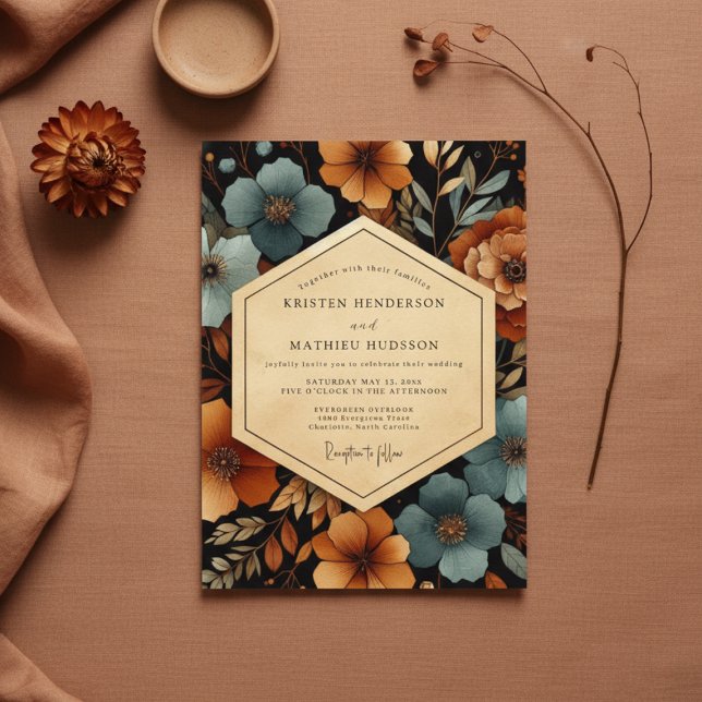 Teal Amber Floral Autumn Wedding Einladung (Von Creator hochgeladen)