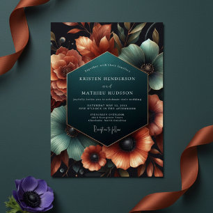 Teal Amber Florales Moody Hochzeit Einladung