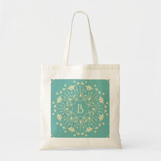 Teal and Beige Elegant Flower Wreath Monogram Tragetasche (Vorne)