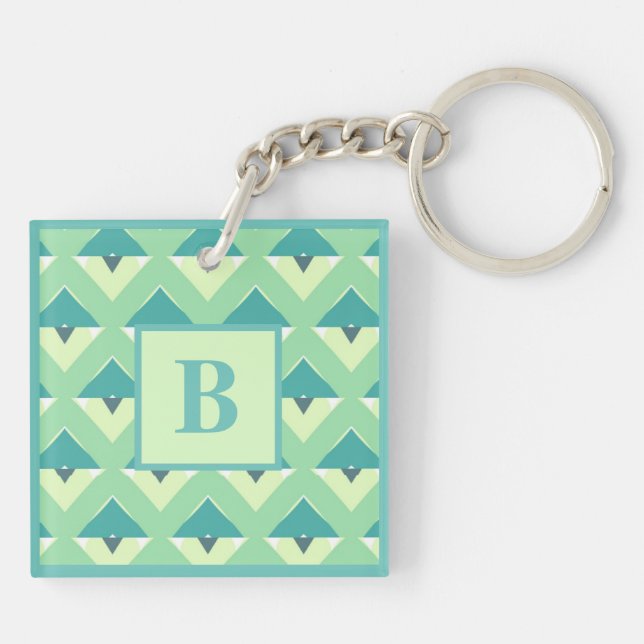 Teal and Blue Geometric Pattern Monogram Schlüsselanhänger (Rückseite)