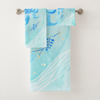 Teal and Blue Lotus Floral Art Badhandtuch Set