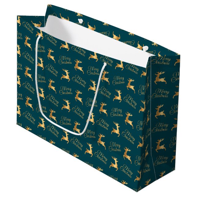 Teal and Gold Christmas Reindeers Große Geschenktüte (Vorderseite Schrägansicht)