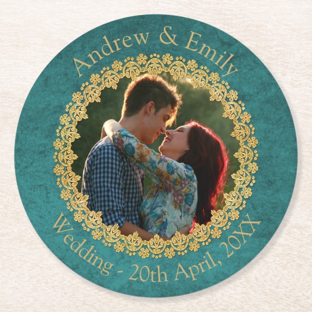 Teal and Gold Custom Photo Wedding Runder Pappuntersetzer (Vorderseite)