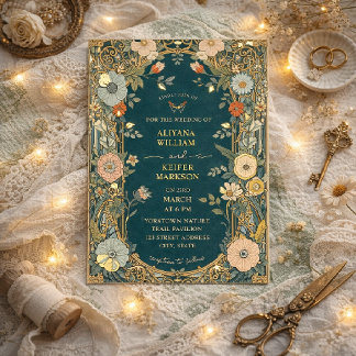 Teal and Gold Elegant Art Nouveau Floral Wedding Folieneinladung