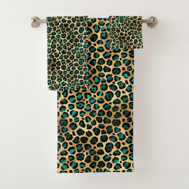 Teal and Gold Leopard Series Design 14 Badhandtuch Set (Insitu)