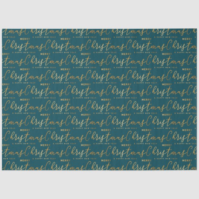 Teal and Gold Merry Christmas Word Art Seidenpapier (Vorderseite)