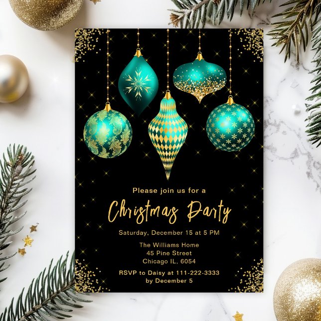 Teal and Gold Ornaments Christmas Party Einladung (Von Creator hochgeladen)