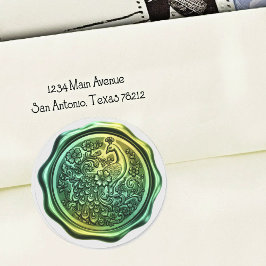 Teal and Green Peacock Wax Look Seal Runder Aufkleber