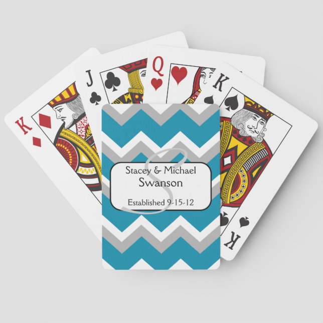 Teal and Grey Chevron Monogram Playing Cards Spielkarten (Rückseite)