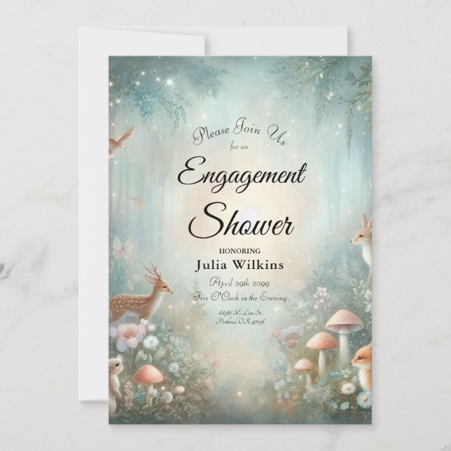Teal and Peach Enchanted Forest Engagement Shower Einladung (Vorderseite)