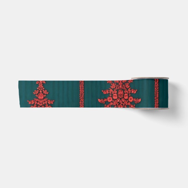 Teal and Red Crystal Christmas Trees Satinband (Vorderseite)