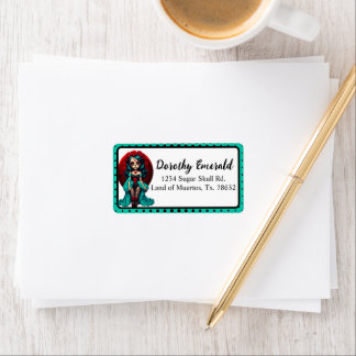 Teal and Red Roses Sugar Skulls Adressaufkleber