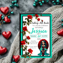 Teal and Red Roses Sugar Skulls Invitation