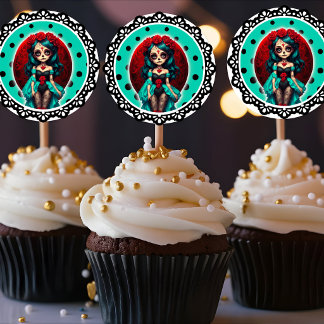 Teal and Red Roses Sugar Skulls Runder Aufkleber