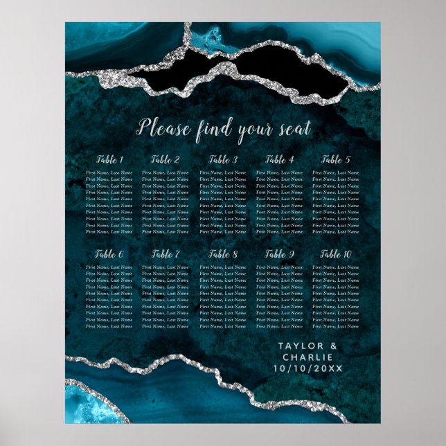 Teal and Silver Agate Wedding Seating Chart Poster (Vorne)