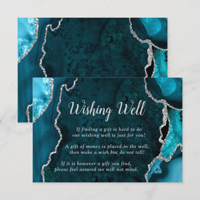 Teal and Silver Agate Wedding Wishing Well Begleitkarte (Vorne/Hinten)