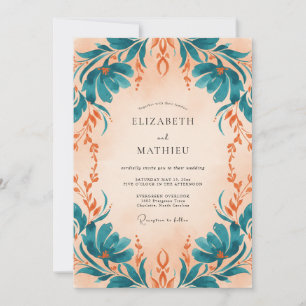 Teal-Aprikosen-Laub-Eukalyptus-Hochzeit Einladung