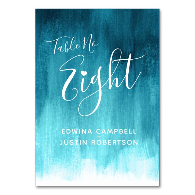 Teal aqua abstract wash modern art table number 8 tischnummer (Rückseite)