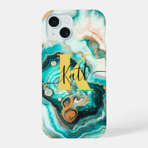 Teal Aqua Achat Golden Benutzerdefiniertes Moderne iPhone 15 Hülle