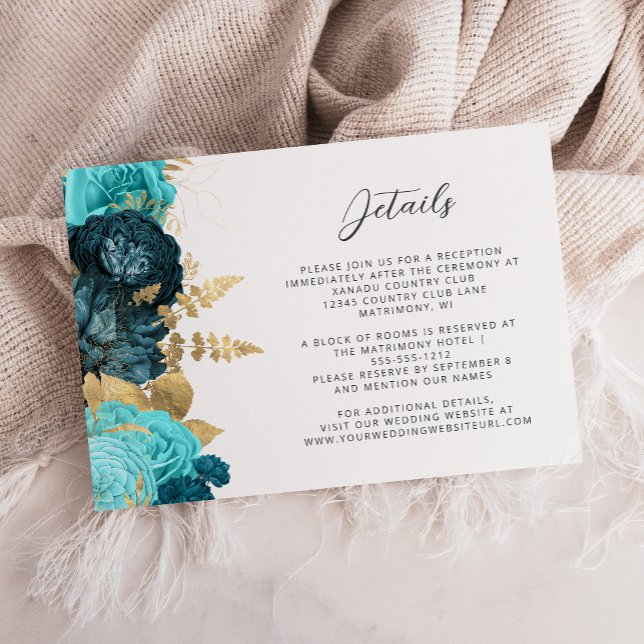 Teal Aqua Floral Gold Script Wedding Details  Begleitkarte (Von Creator hochgeladen)